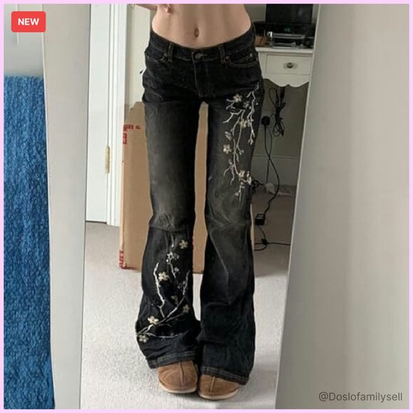 Stretchy Flare Jeans Mid Rise Embroidery Vintage Denim Y2K Retro - Picture 3 of 8